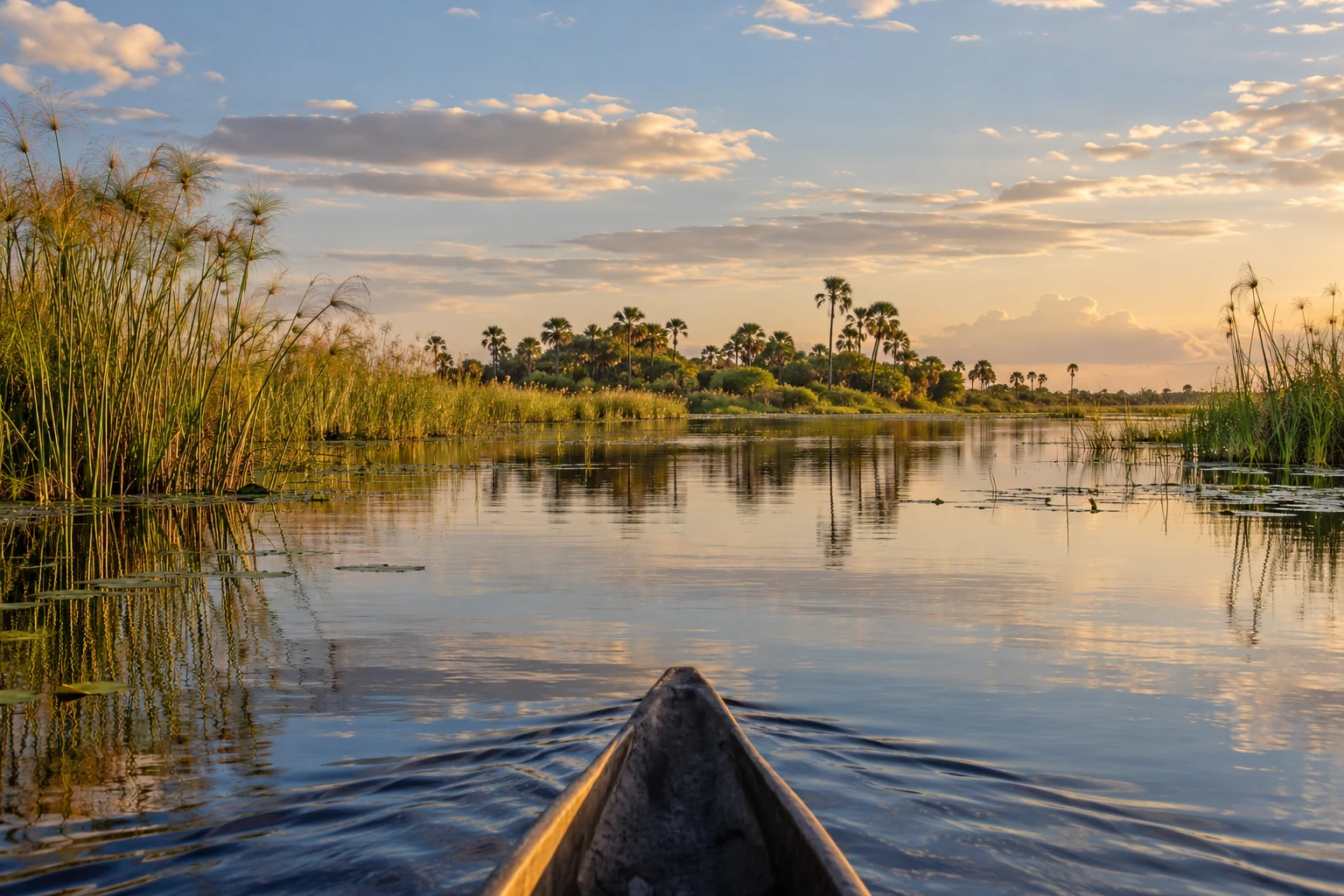 Wide wetland channel and palm island in late afternoon light