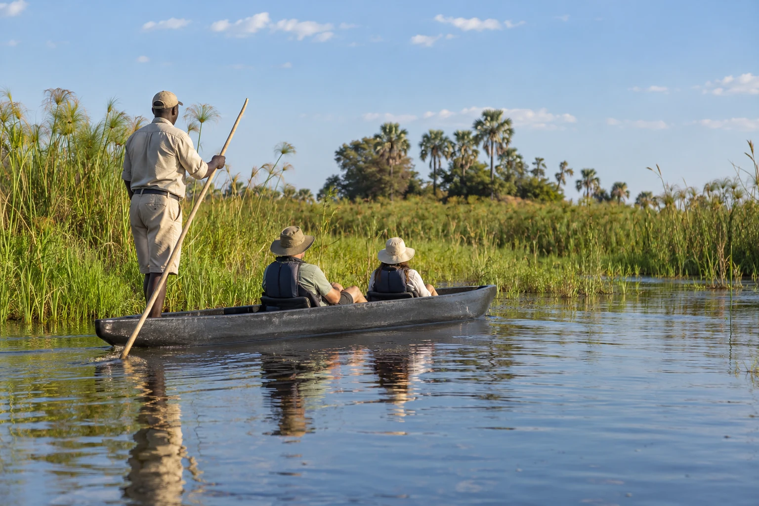 Two travelers seated in a mokoro with a guide poling through a reed-lined channel