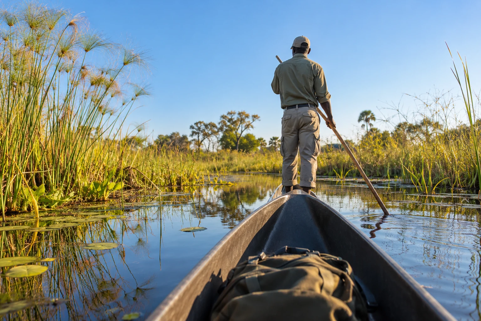 Guide using a pole to move a mokoro along calm water