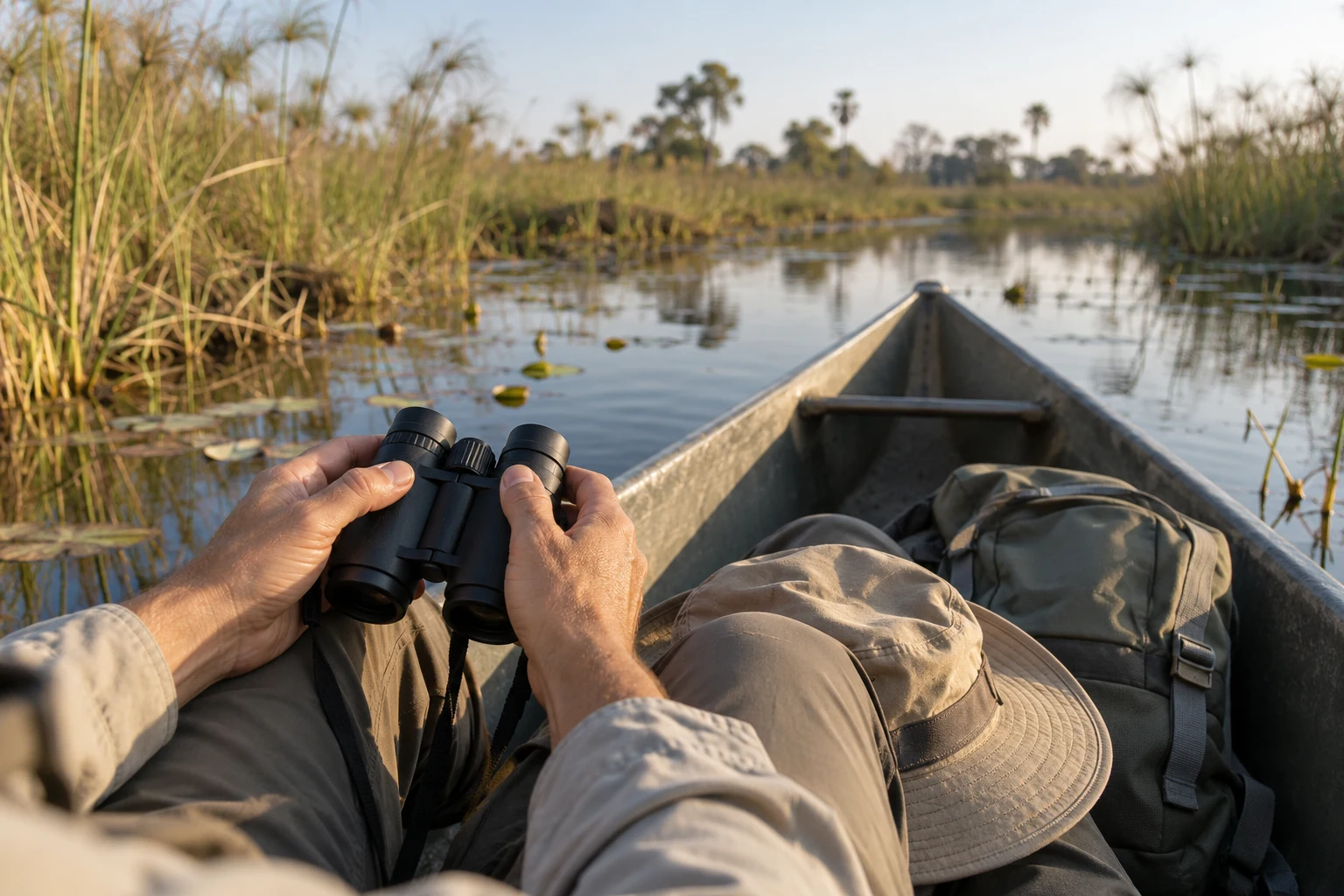Traveler holding binoculars inside a canoe