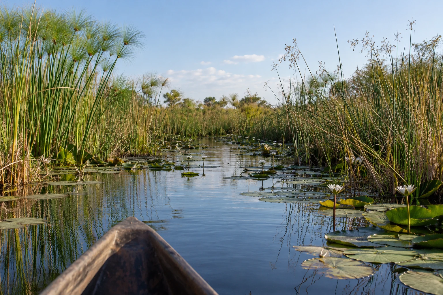 Canoe viewpoint along a quiet papyrus-lined water channel