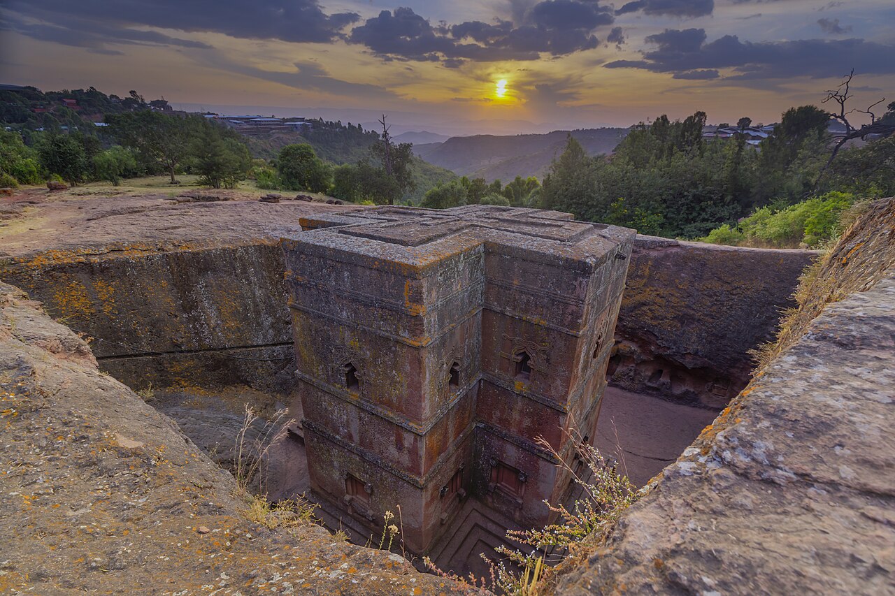 Rock-hewn Church of Saint George at sunset in Lalibela, Ethiopia