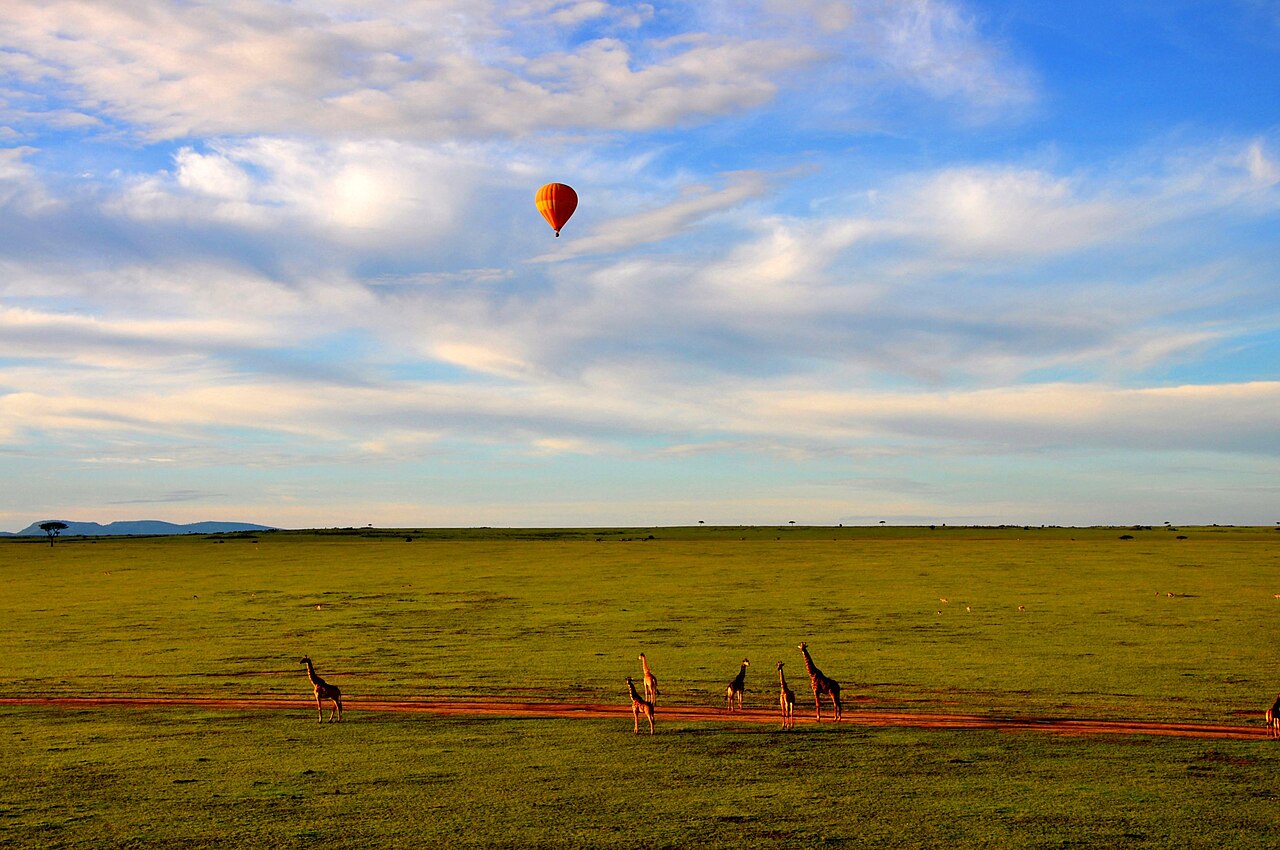 Hot-air balloon above the Maasai Mara plains, Kenya