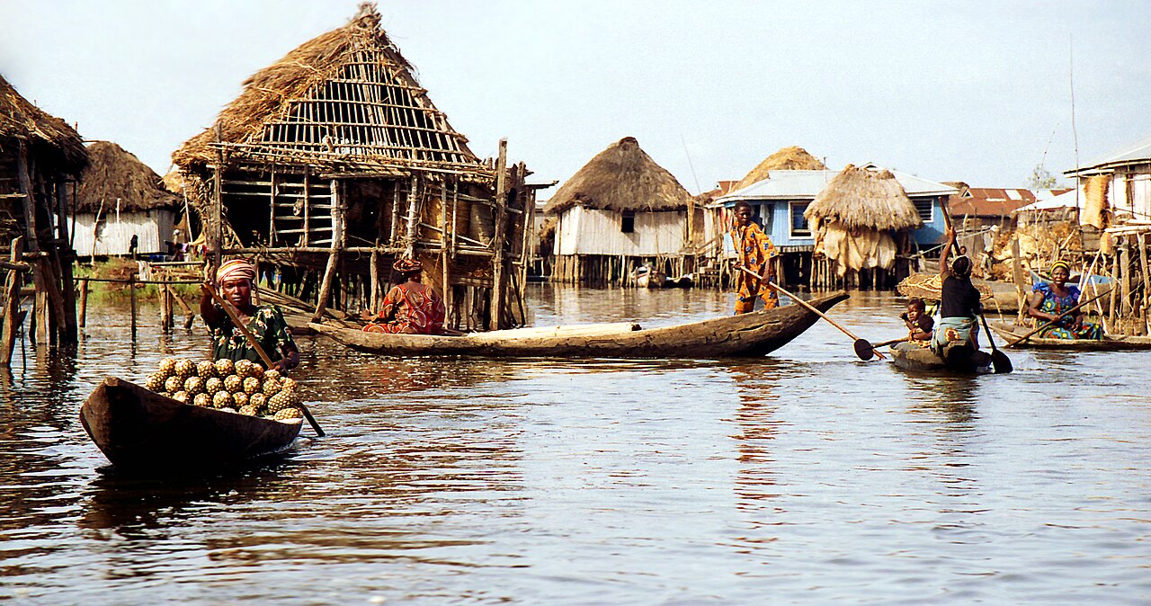 Stilt houses and canoes in Ganvie on Lake Nokoue, Benin