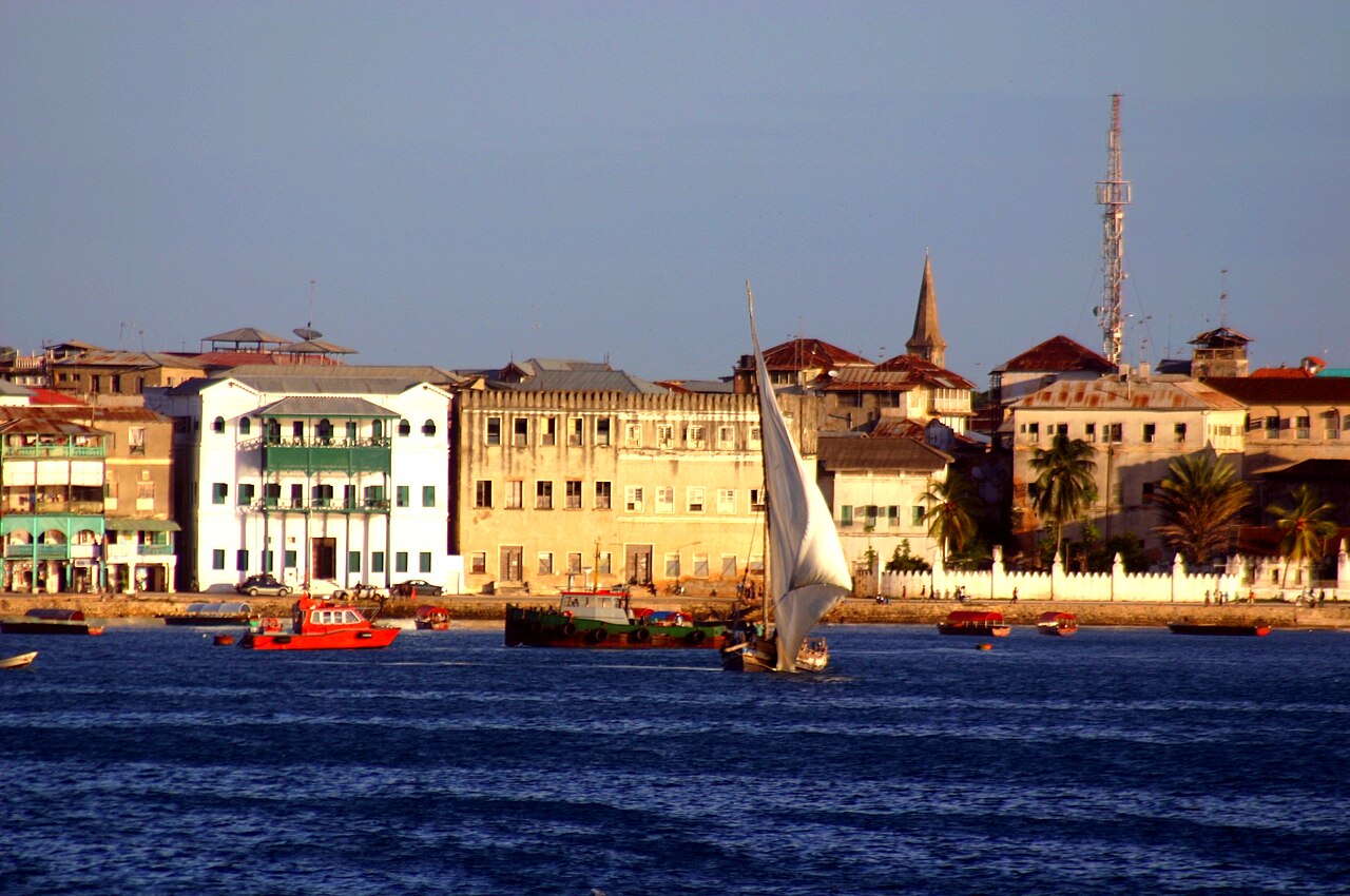 Stone Town waterfront viewed from the sea, Zanzibar, Tanzania